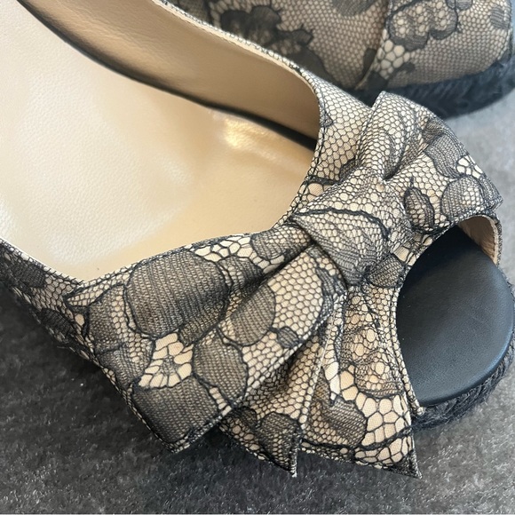 Valentino Black/Beige Lace Slingback Wedge With Bow Espadrille Sandals - Picture 8 of 9